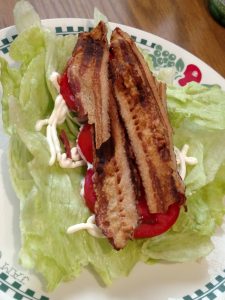 no bread BLT with big leaves of iceberg lettuce, tomato, bacon and mayo