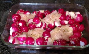 Low Carb Rosemary Chicken and Radishes ready for oven
