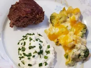 Paleo meatloaf with Keto Mashed Cauliflower and broccoli cheesy bake