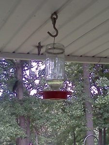 2 hummingbirds at a feeder hanging from a porch roof.