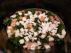 chicken, onion, spinach and broth in crock pot before cooking