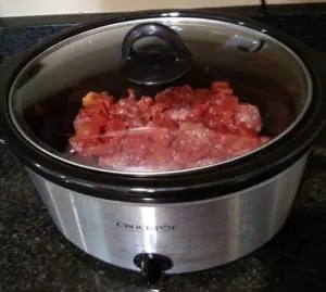 Low Carb Crock Pot Meatballs in crock pot before cooking with lid on