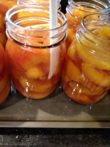 sliding a plastic knife around inside of jar of peaches to get rid of air bubbles.