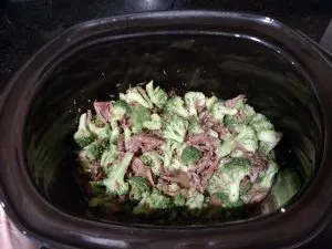 Crock Pot Beef and Broccoli Freezer Meal still in crock pot
