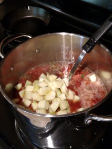 Sausage Zucchini Soup ingredients in soup pot