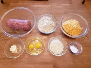 ingredients for Low Carb Gluten Free Sausage Balls in glass bowls