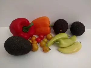 2 bell peppers, 3 avocados, cherry tomatoes and 3 long peppers.