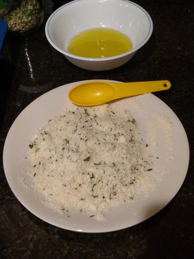 ranch and parmesan on plate and olive oil in bowl