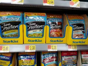Starkist tuna packets on store shelf