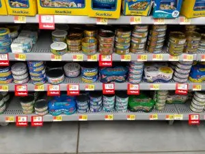 store shelf of canned tuna