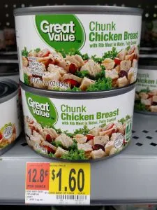 Great Value can of chicken in store