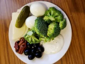 Black olives, pecans, provolone cheese, pickle, hard boiled eggs, broccoli and ranch