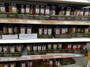 spices on shelves in store
