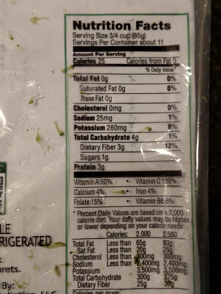 nutrition label on broccoli