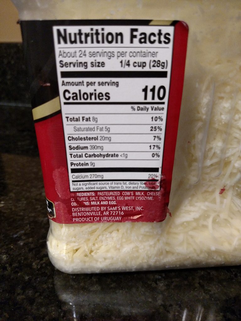 nutrition label on parmesan cheese