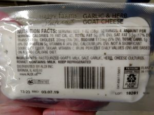 Happy Farms Preferred Goat Cheese Logs;  Garlic and Herb label