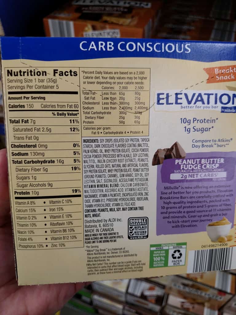 Elevation Carb Conscious Bars peanut butter fudge crisp label