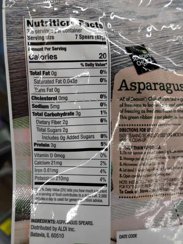 Season's Choice Steamable Asparagus Spears label