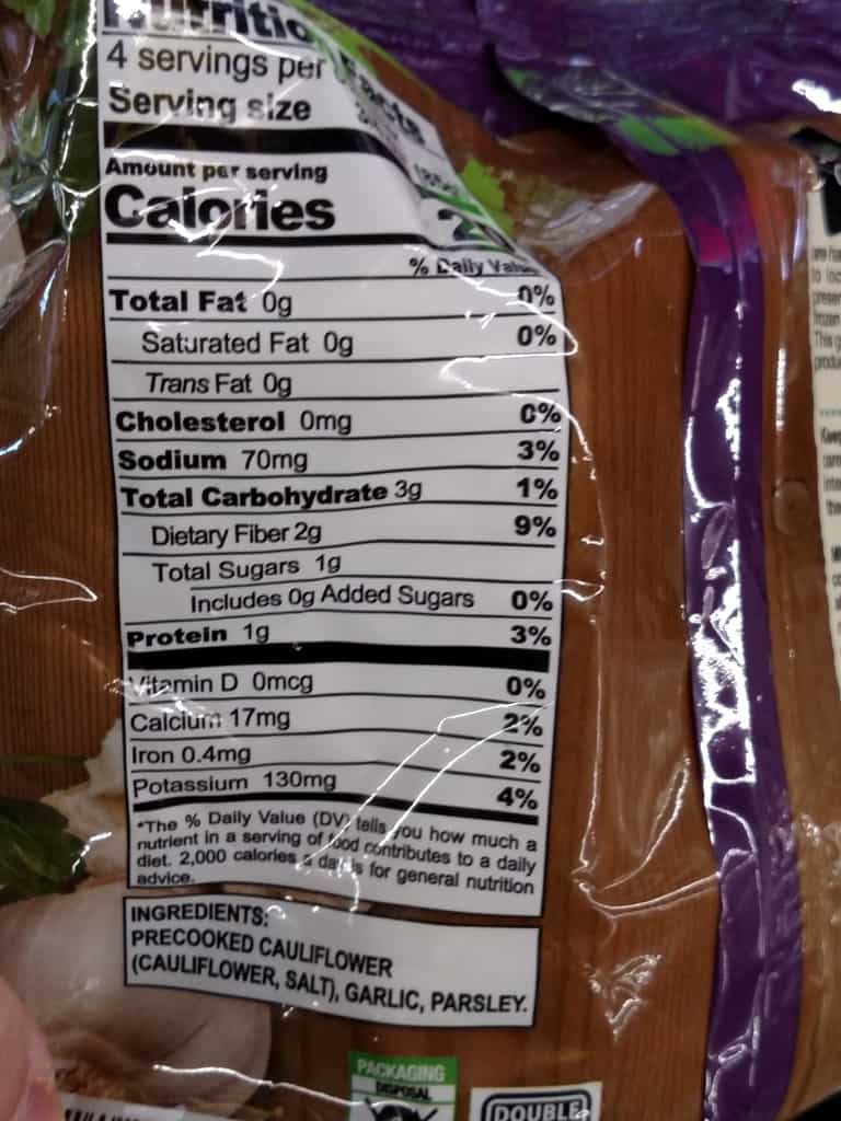 Season's Choice Garlic Riced Cauliflower label
