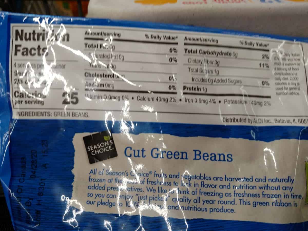 Season's Choice Steamed Cut Green Beans label
