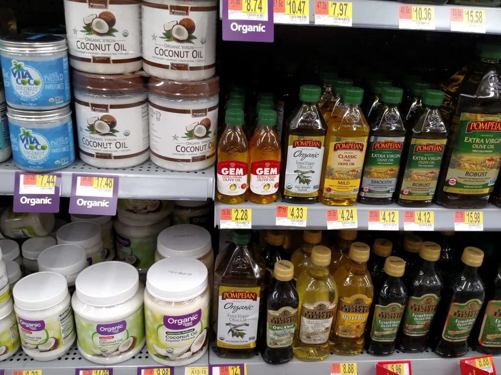 coconut and olive oil on store shelves