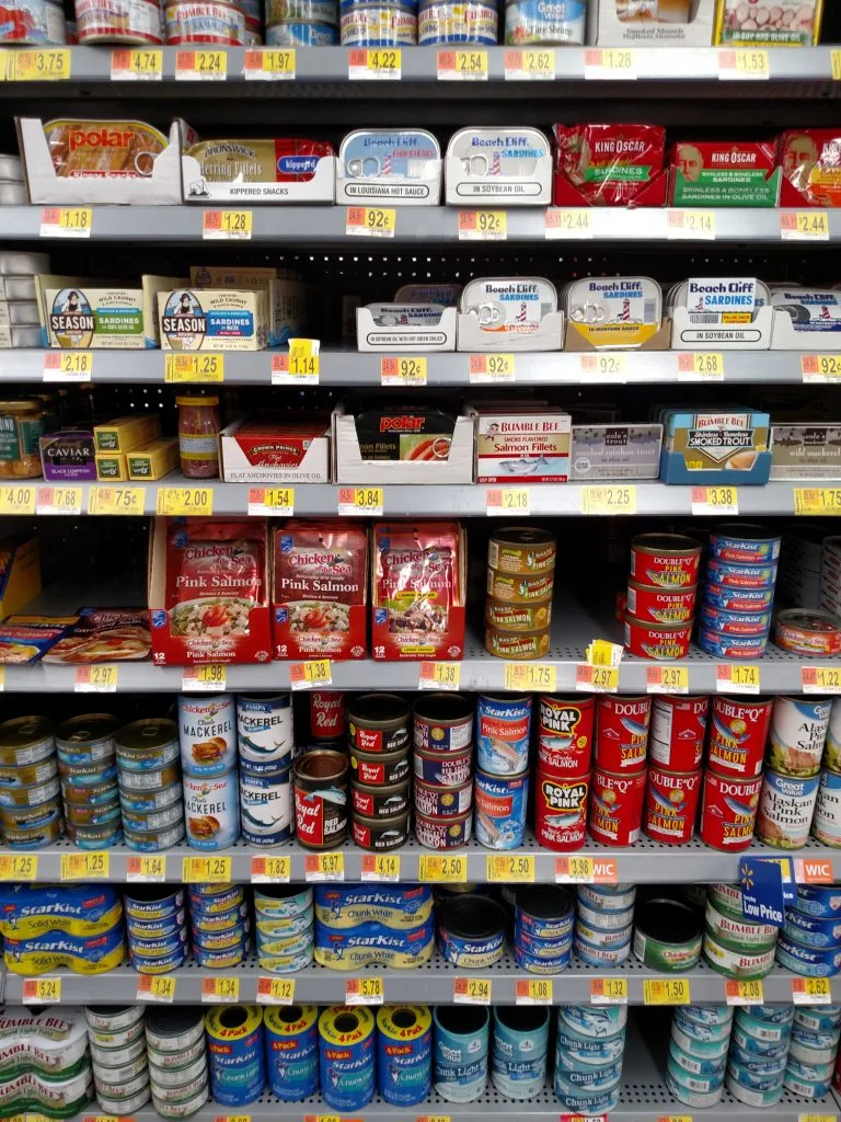 tuna and other canned meats on store shelves