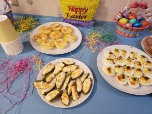 egg muffins, jalapeno poppers and deviled eggs on Easter buffet