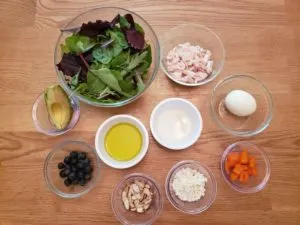 ingredients for Keto Power Salad with Greens, Protein and Healthy Fats