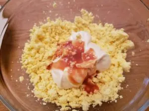 yolk mixture for Spicy Keto Deviled Eggs not mixed up yet