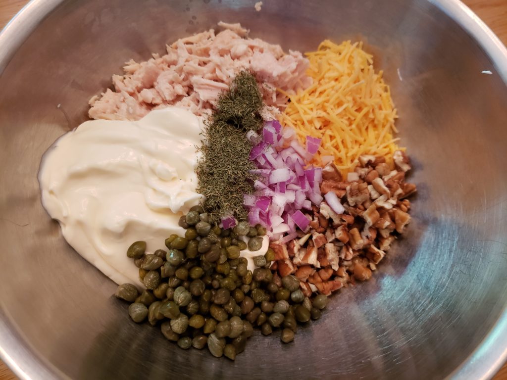ingredients for Deluxe Keto Chicken Salad in bowl before being mixed