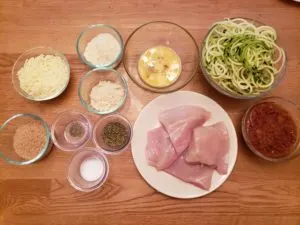 Ingredients for Keto Parmesan Chicken over Zoodles