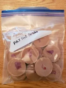 Peanut Butter Jelly Fat Bombs in Ziploc bag