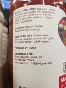 Rao’s Homemade Marinara Sauce label