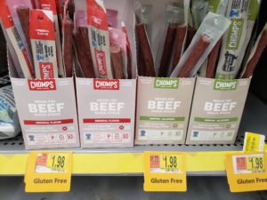 Chomp’s Grass Fed Beef or Turkey Snack Sticks on store shelf