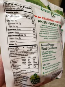  Green Giant Riced Veggies; Cauliflower label