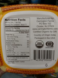Carrington Farms Organic Ghee label
