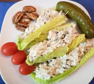 chicken salad on lettuce with pickle, cherry tomatoes and pecans on the side