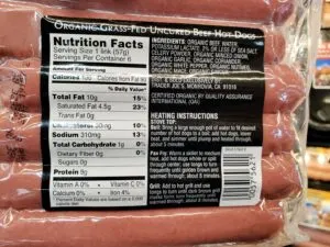 Organic Grass Fed Uncured Beef Hot Dogs label