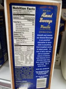 Almond Beverage Unsweetened; vanilla label