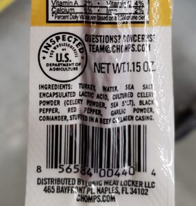 Chomp’s Free Range Turkey Snack Sticks label