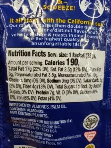 MaraNatha No Sugar or Salt Added Almond Butter packets label