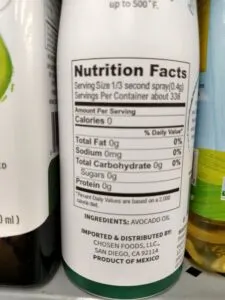 Chosen Foods Avocado Oil Spray label