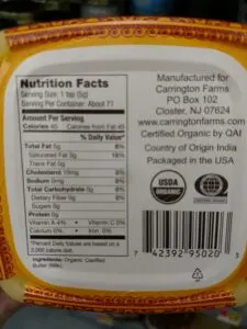 Carrington Farms Organic Ghee label