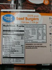 Great Value 100% pure Beef Burgers label