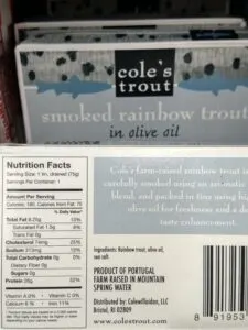Cole’s Trout Smoked Rainbow Trout in olive oil with label