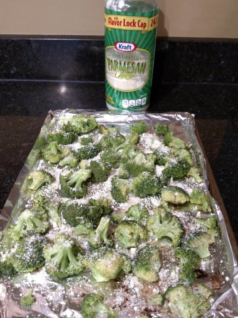 roasted parmesan broccoli on baking sheet