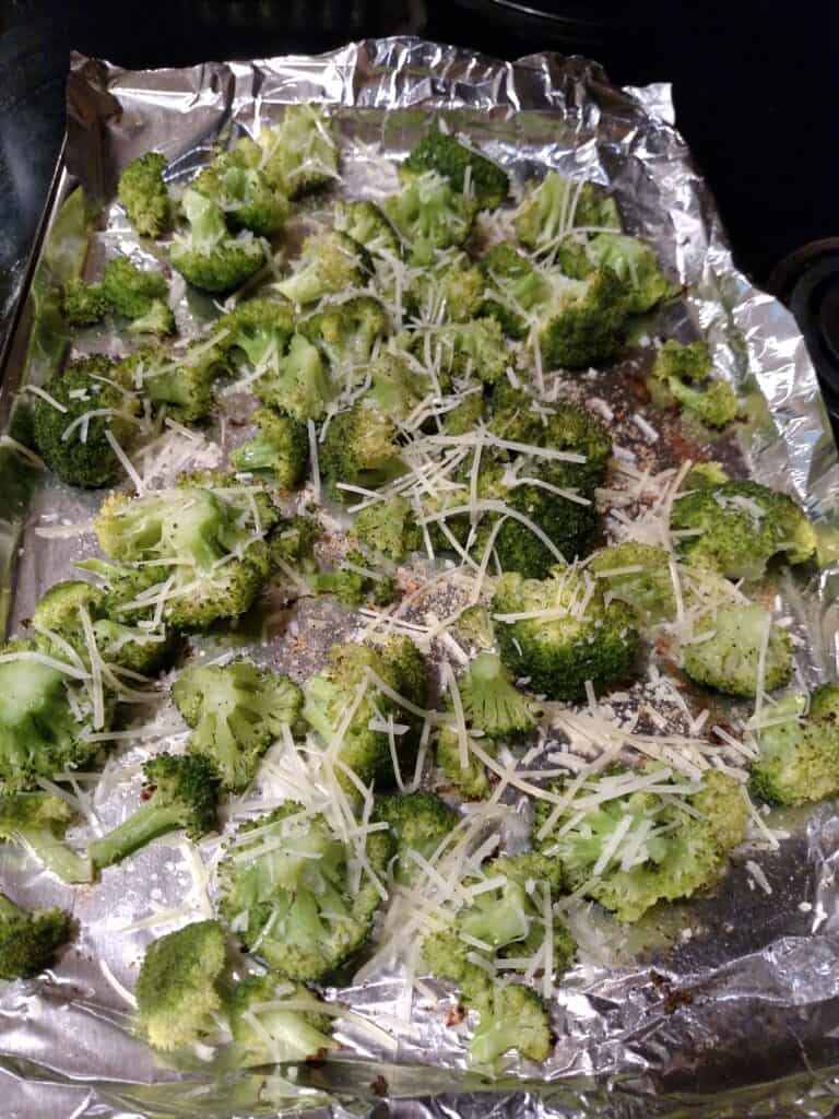 roasted parmesan broccoli on baking sheet