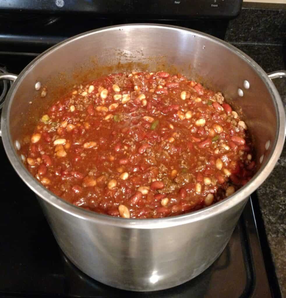 Big Batch Homemade Chili in pot on stove