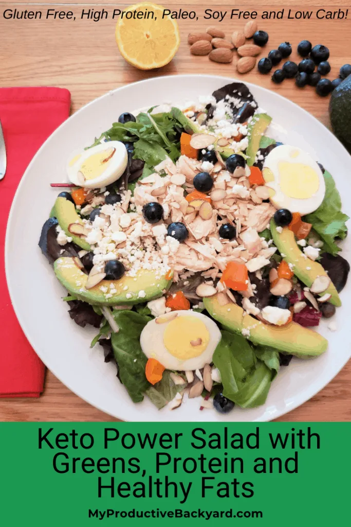 Keto Power Salad with Greens, Protein and Healthy Fats Pinterest pin