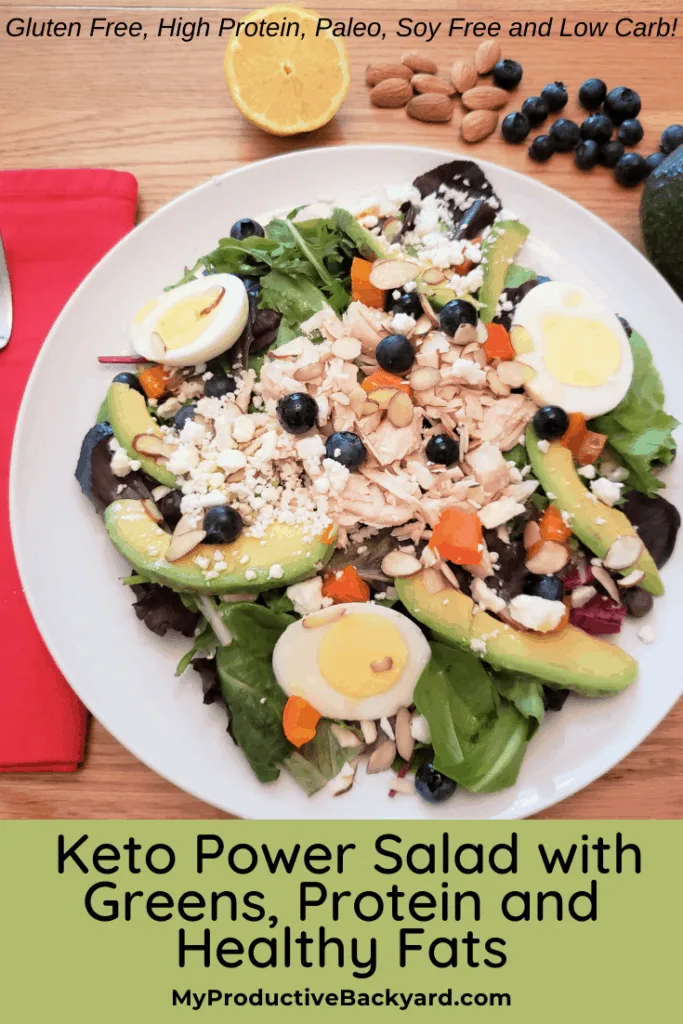 Keto Power Salad with Greens, Protein and Healthy Fats Pinterest pin